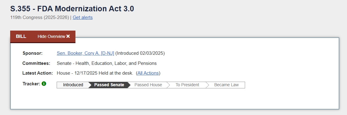FDA现代化法案3.0：法规术语正式从“动物实验”转为“非临床实验”